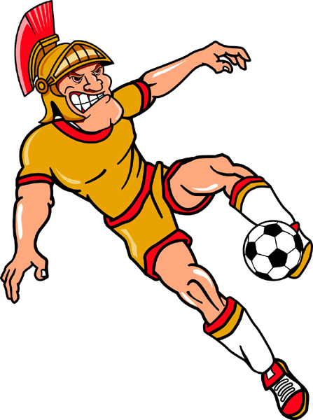 Trojan soccer player mascot full color vinyl sports decal. Customize on line. Trojan Soccer